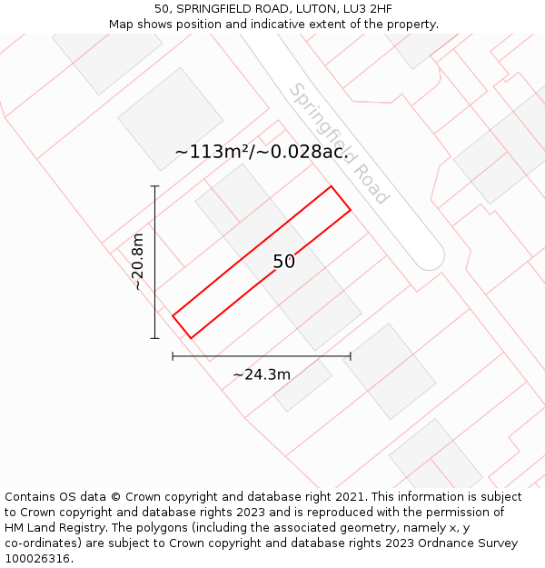 50, SPRINGFIELD ROAD, LUTON, LU3 2HF: Plot and title map