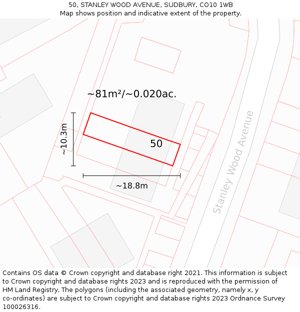 50, STANLEY WOOD AVENUE, SUDBURY, CO10 1WB: Plot and title map