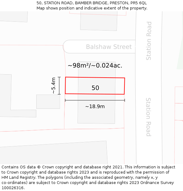 50, STATION ROAD, BAMBER BRIDGE, PRESTON, PR5 6QL: Plot and title map