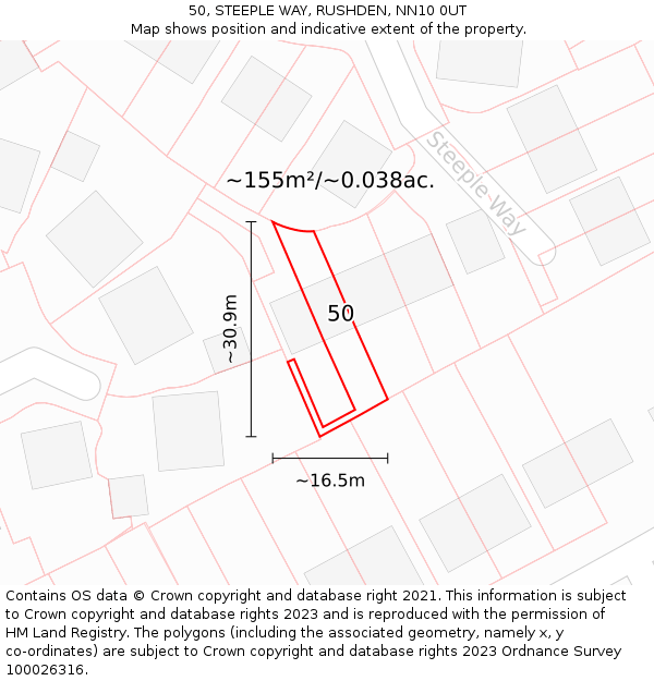 50, STEEPLE WAY, RUSHDEN, NN10 0UT: Plot and title map