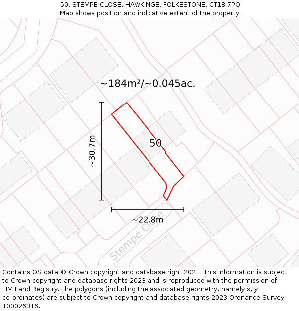 50, STEMPE CLOSE, HAWKINGE, FOLKESTONE, CT18 7PQ: Plot and title map
