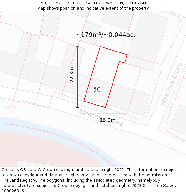 50, STRACHEY CLOSE, SAFFRON WALDEN, CB10 2GN: Plot and title map