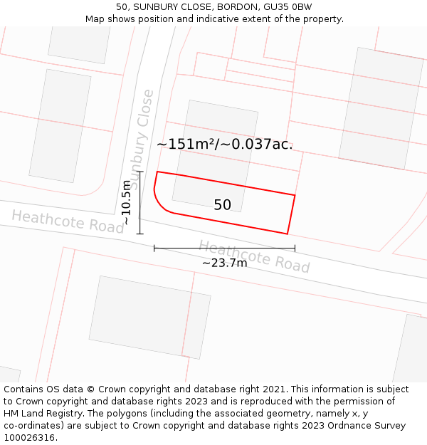 50, SUNBURY CLOSE, BORDON, GU35 0BW: Plot and title map
