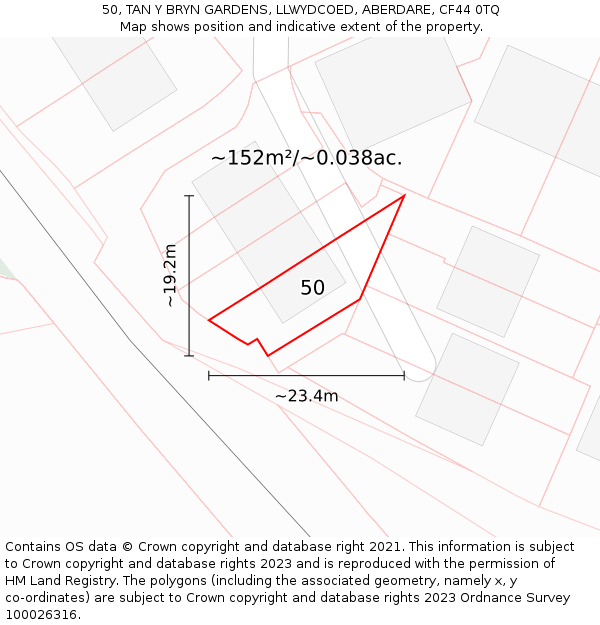 50, TAN Y BRYN GARDENS, LLWYDCOED, ABERDARE, CF44 0TQ: Plot and title map