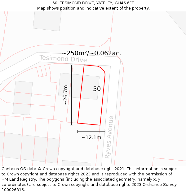 50, TESIMOND DRIVE, YATELEY, GU46 6FE: Plot and title map