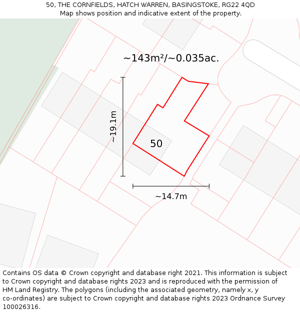 50, THE CORNFIELDS, HATCH WARREN, BASINGSTOKE, RG22 4QD: Plot and title map