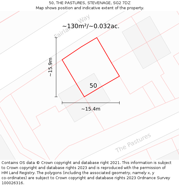 50, THE PASTURES, STEVENAGE, SG2 7DZ: Plot and title map