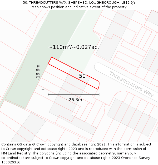 50, THREADCUTTERS WAY, SHEPSHED, LOUGHBOROUGH, LE12 9JY: Plot and title map