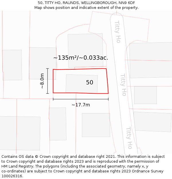 50, TITTY HO, RAUNDS, WELLINGBOROUGH, NN9 6DF: Plot and title map