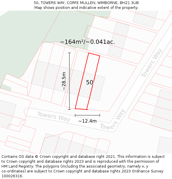 50, TOWERS WAY, CORFE MULLEN, WIMBORNE, BH21 3UB: Plot and title map