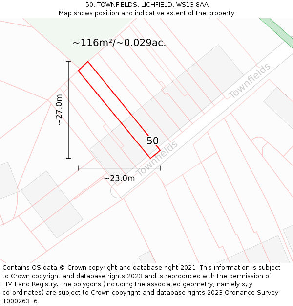 50, TOWNFIELDS, LICHFIELD, WS13 8AA: Plot and title map