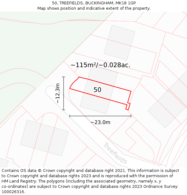 50, TREEFIELDS, BUCKINGHAM, MK18 1GP: Plot and title map