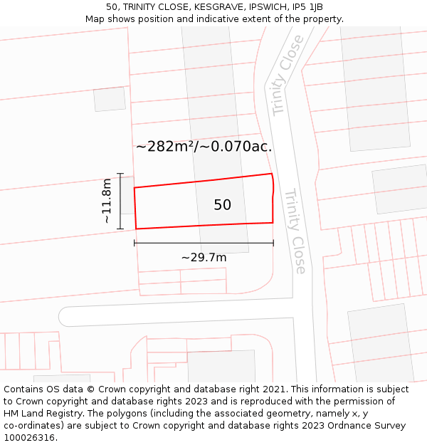 50, TRINITY CLOSE, KESGRAVE, IPSWICH, IP5 1JB: Plot and title map