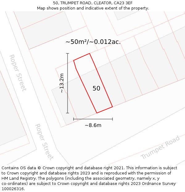 50, TRUMPET ROAD, CLEATOR, CA23 3EF: Plot and title map