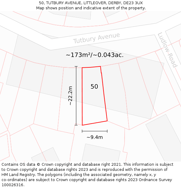50, TUTBURY AVENUE, LITTLEOVER, DERBY, DE23 3UX: Plot and title map