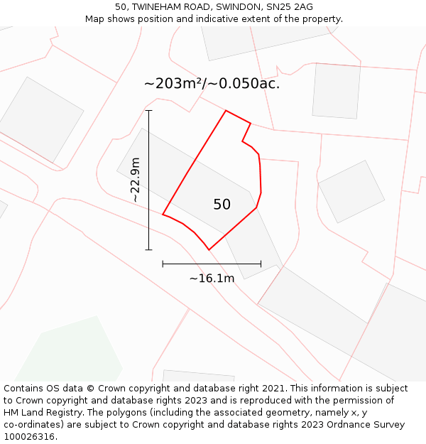 50, TWINEHAM ROAD, SWINDON, SN25 2AG: Plot and title map