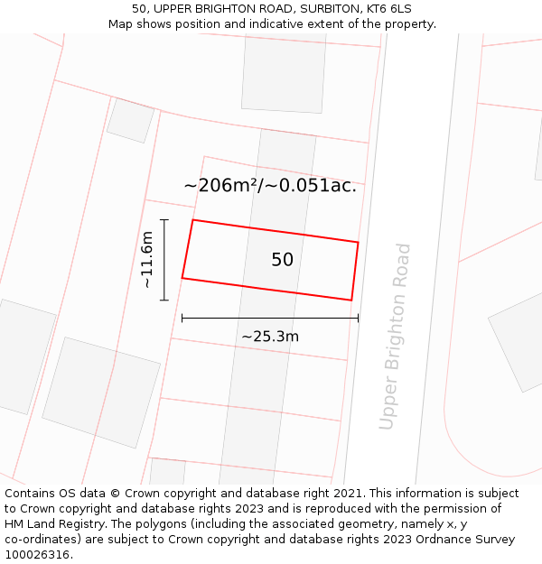 50, UPPER BRIGHTON ROAD, SURBITON, KT6 6LS: Plot and title map