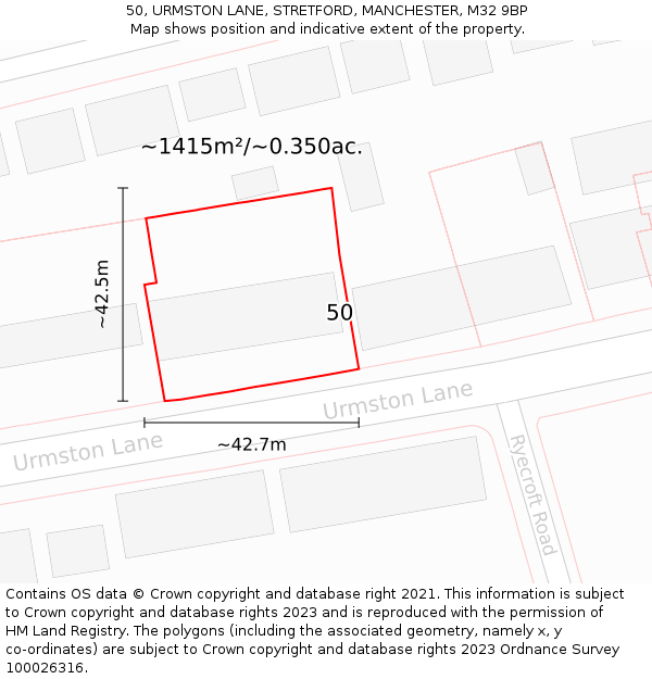 50, URMSTON LANE, STRETFORD, MANCHESTER, M32 9BP: Plot and title map