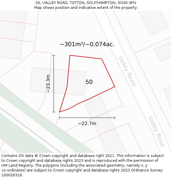 50, VALLEY ROAD, TOTTON, SOUTHAMPTON, SO40 9FN: Plot and title map