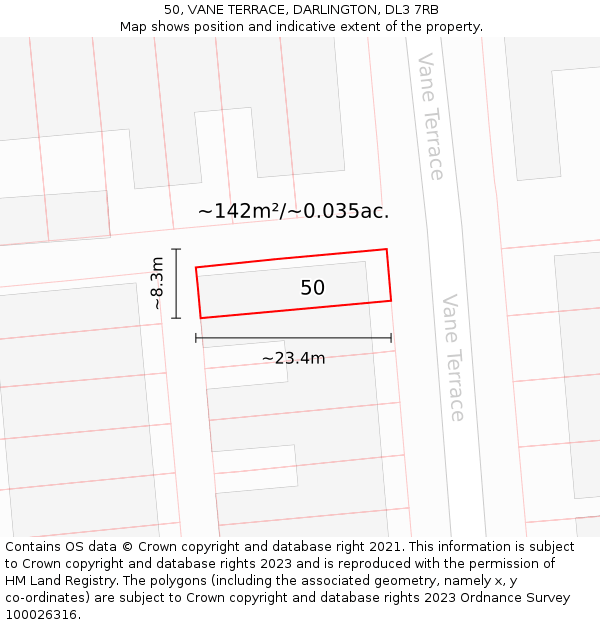 50, VANE TERRACE, DARLINGTON, DL3 7RB: Plot and title map