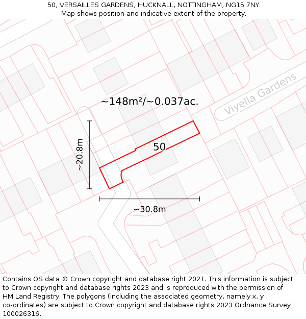 50, VERSAILLES GARDENS, HUCKNALL, NOTTINGHAM, NG15 7NY: Plot and title map