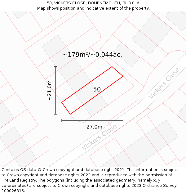 50, VICKERS CLOSE, BOURNEMOUTH, BH8 0LA: Plot and title map