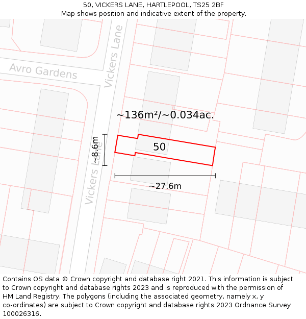 50, VICKERS LANE, HARTLEPOOL, TS25 2BF: Plot and title map