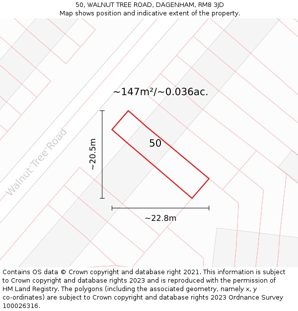 50, WALNUT TREE ROAD, DAGENHAM, RM8 3JD: Plot and title map