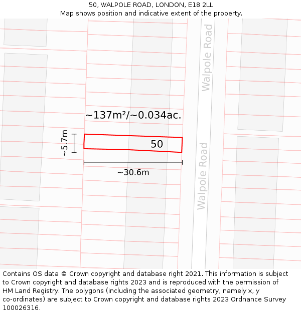 50, WALPOLE ROAD, LONDON, E18 2LL: Plot and title map