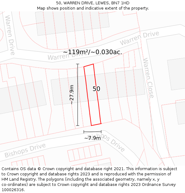 50, WARREN DRIVE, LEWES, BN7 1HD: Plot and title map