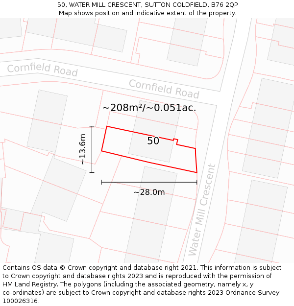 50, WATER MILL CRESCENT, SUTTON COLDFIELD, B76 2QP: Plot and title map