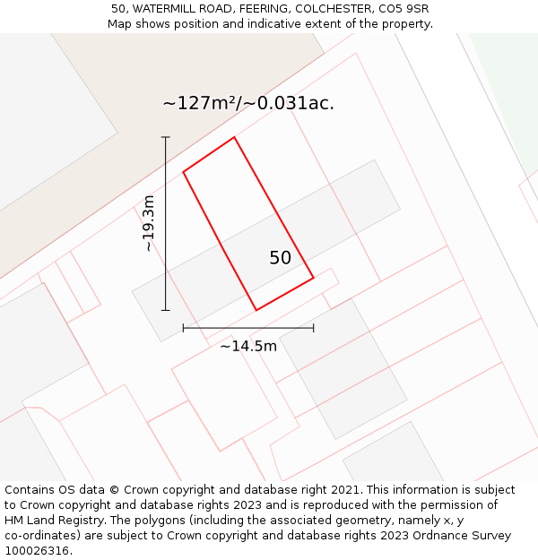 50, WATERMILL ROAD, FEERING, COLCHESTER, CO5 9SR: Plot and title map