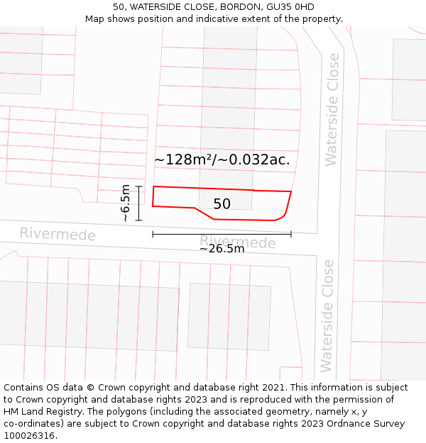 50, WATERSIDE CLOSE, BORDON, GU35 0HD: Plot and title map