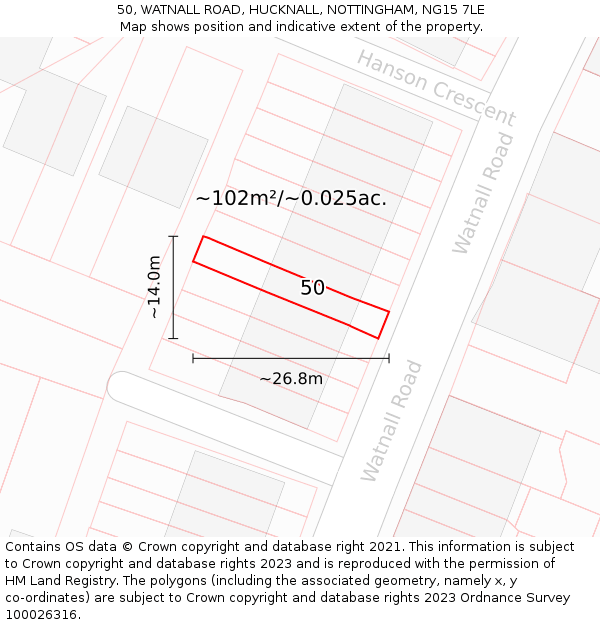 50, WATNALL ROAD, HUCKNALL, NOTTINGHAM, NG15 7LE: Plot and title map