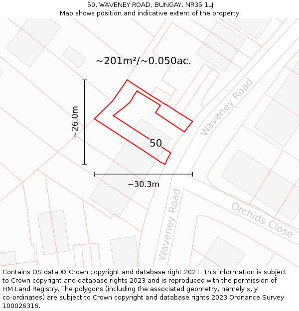 50, WAVENEY ROAD, BUNGAY, NR35 1LJ: Plot and title map