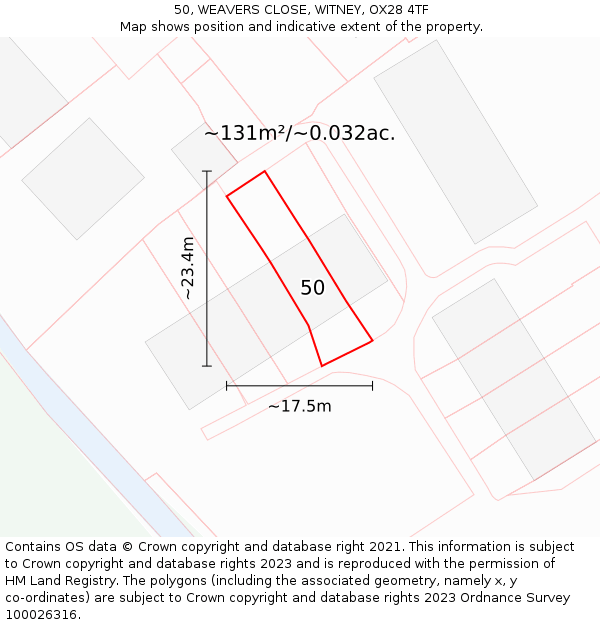 50, WEAVERS CLOSE, WITNEY, OX28 4TF: Plot and title map