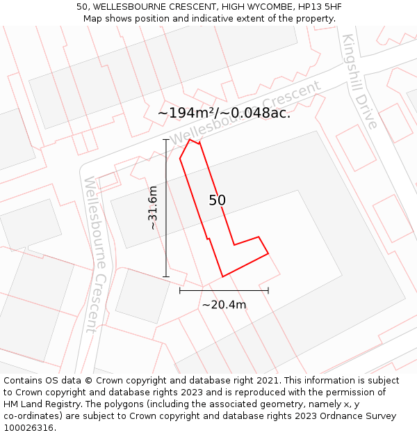 50, WELLESBOURNE CRESCENT, HIGH WYCOMBE, HP13 5HF: Plot and title map