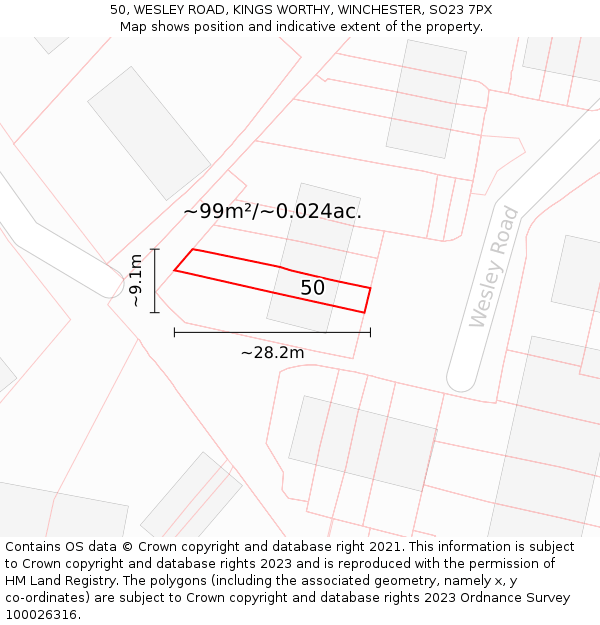 50, WESLEY ROAD, KINGS WORTHY, WINCHESTER, SO23 7PX: Plot and title map
