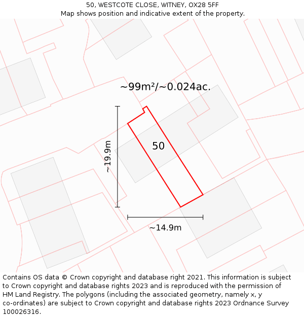 50, WESTCOTE CLOSE, WITNEY, OX28 5FF: Plot and title map