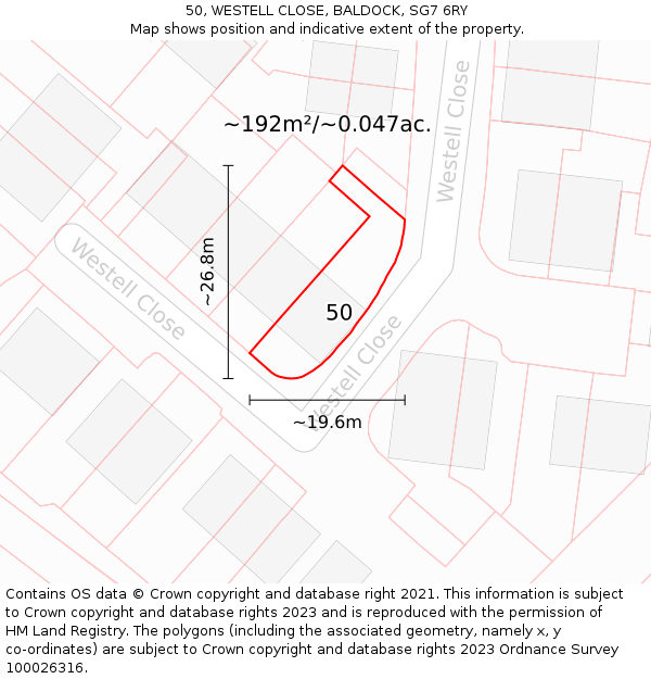 50, WESTELL CLOSE, BALDOCK, SG7 6RY: Plot and title map