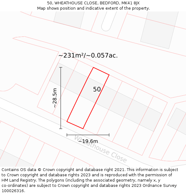 50, WHEATHOUSE CLOSE, BEDFORD, MK41 8JX: Plot and title map