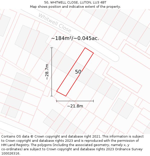 50, WHITWELL CLOSE, LUTON, LU3 4BT: Plot and title map