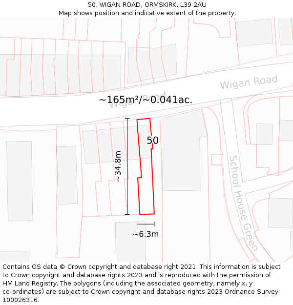 50, WIGAN ROAD, ORMSKIRK, L39 2AU: Plot and title map