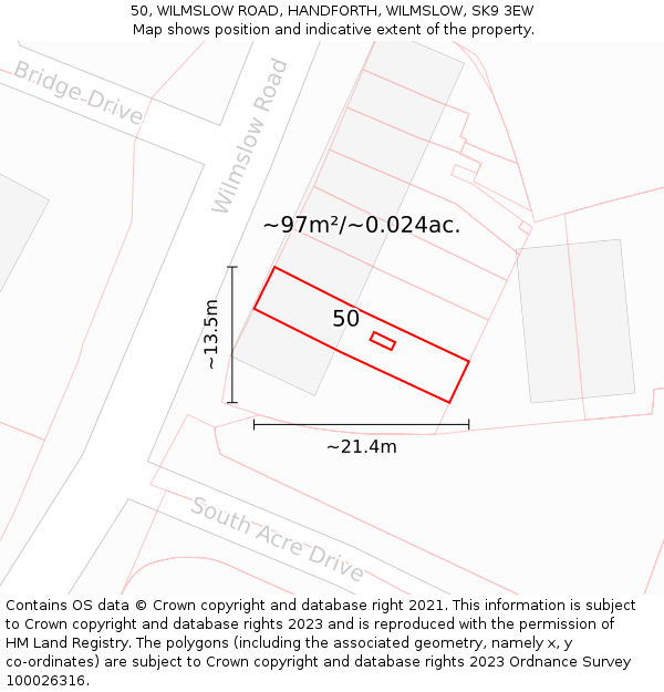 50, WILMSLOW ROAD, HANDFORTH, WILMSLOW, SK9 3EW: Plot and title map