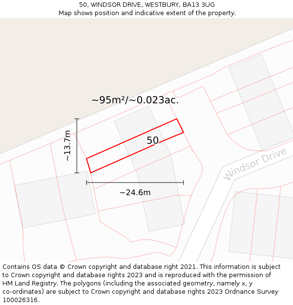 50, WINDSOR DRIVE, WESTBURY, BA13 3UG: Plot and title map