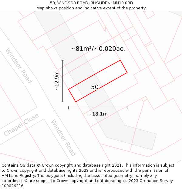 50, WINDSOR ROAD, RUSHDEN, NN10 0BB: Plot and title map