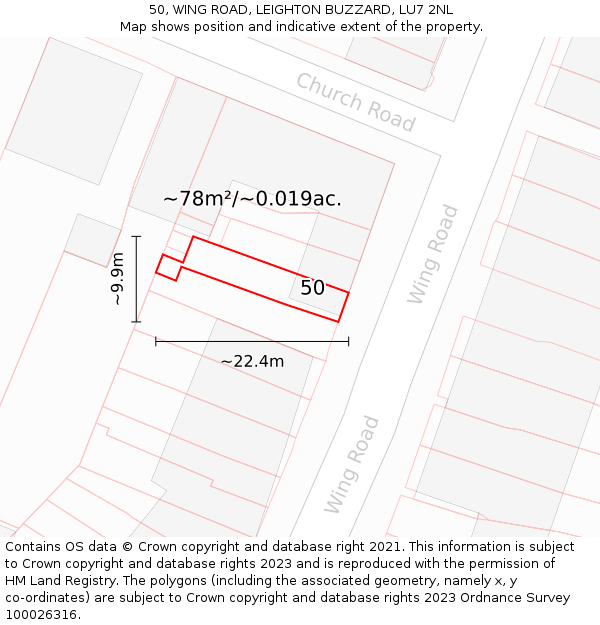 50, WING ROAD, LEIGHTON BUZZARD, LU7 2NL: Plot and title map