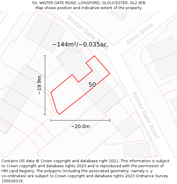 50, WINTER GATE ROAD, LONGFORD, GLOUCESTER, GL2 9FB: Plot and title map