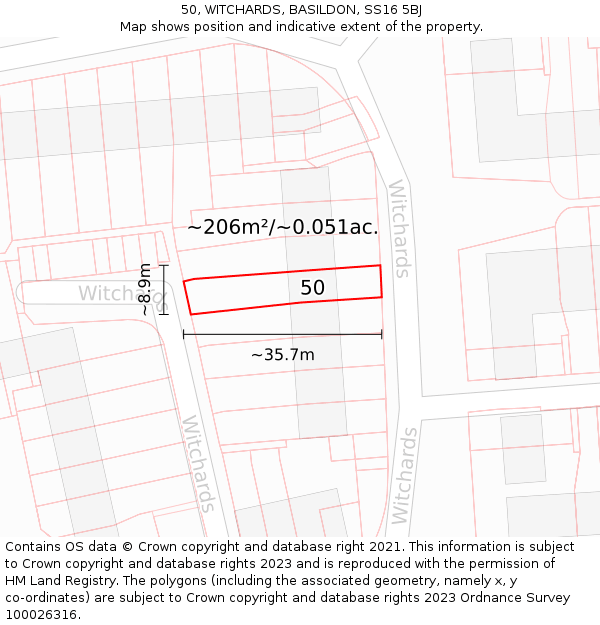 50, WITCHARDS, BASILDON, SS16 5BJ: Plot and title map