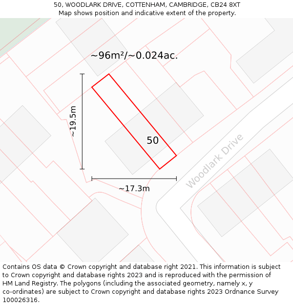 50, WOODLARK DRIVE, COTTENHAM, CAMBRIDGE, CB24 8XT: Plot and title map